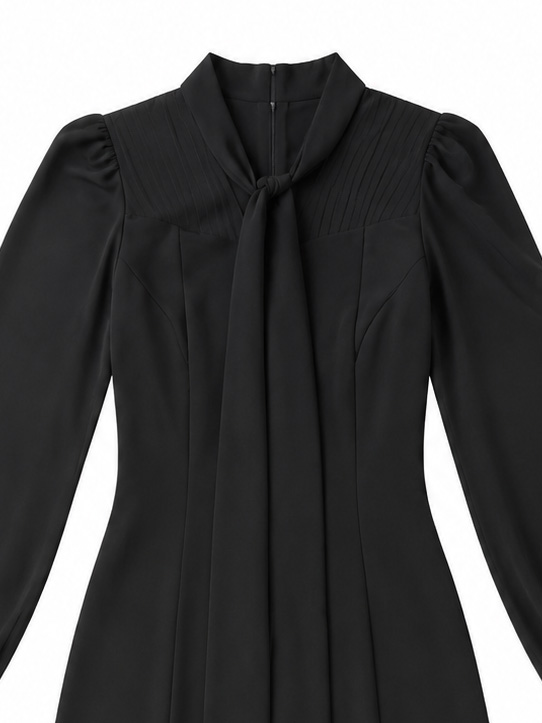 Women's Black Pussy-Bow Ruffle-Hem Midi Dress 34010