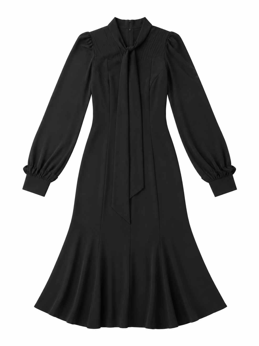 Women's Black Pussy-Bow Ruffle-Hem Midi Dress 34010