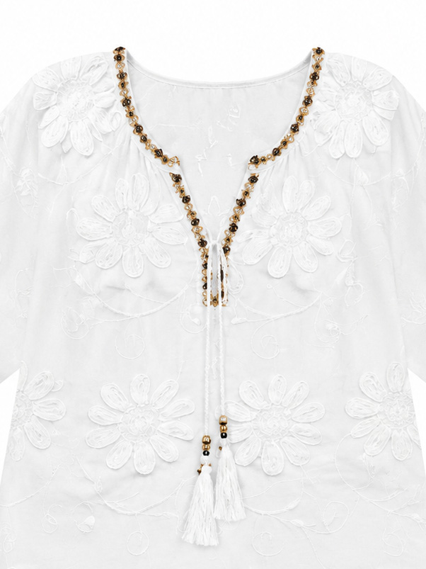 Women's White Embroidered V-Neck Short-Sleeve Tunic A-42850