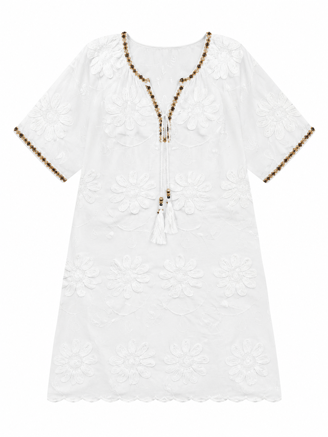 Women's White Embroidered V-Neck Short-Sleeve Tunic A-42850