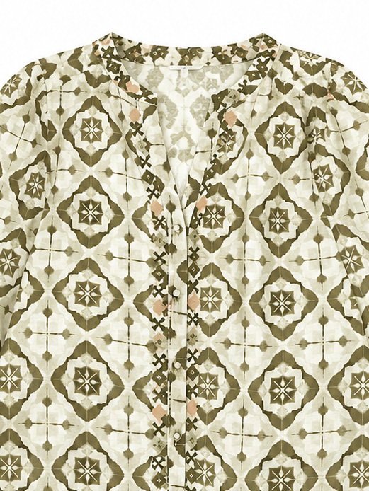 Women's Green Geometric Print Long-Sleeve Blouse A-42878 