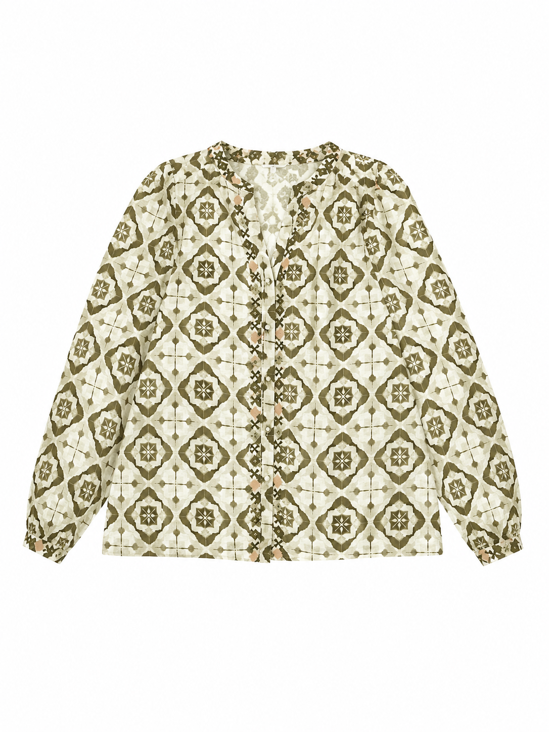 Women's Green Geometric Print Long-Sleeve Blouse A-42878 
