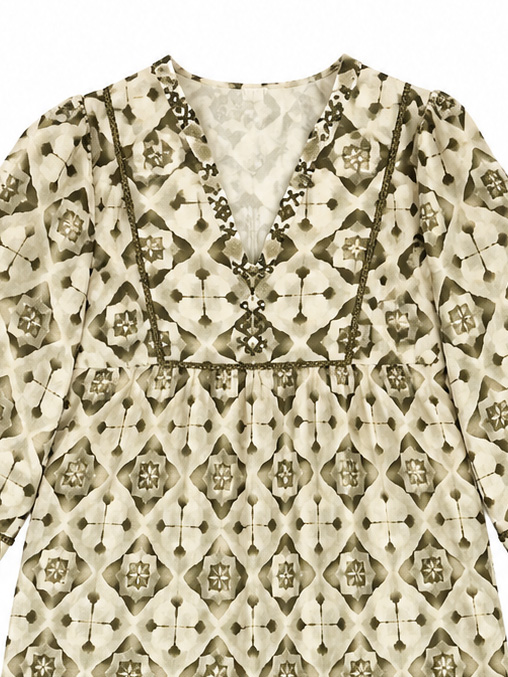 Women's Green Geometric Print Belted Shirt Dress A-42879