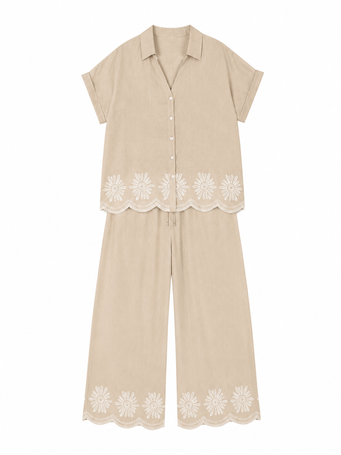 Women's Taupe Embroidered Shirt and Wide-Leg Pants Set C-42948+C-42949
