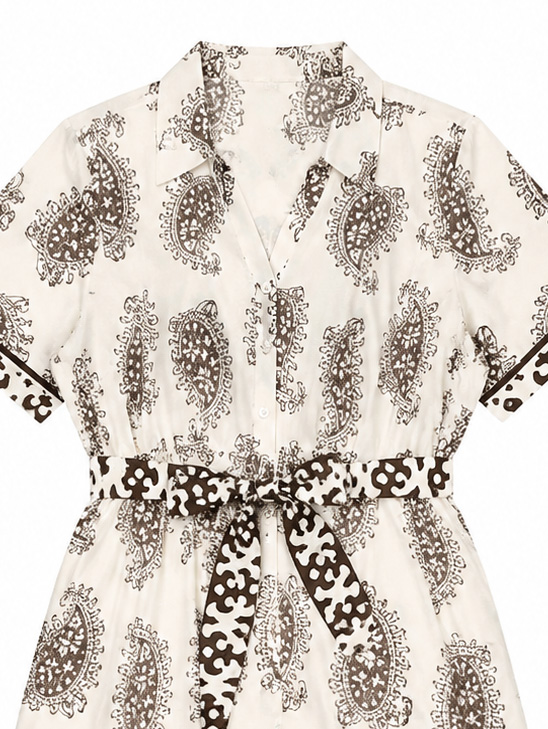 Women's Black and Ivory Boho Print Belted Dress D-42275