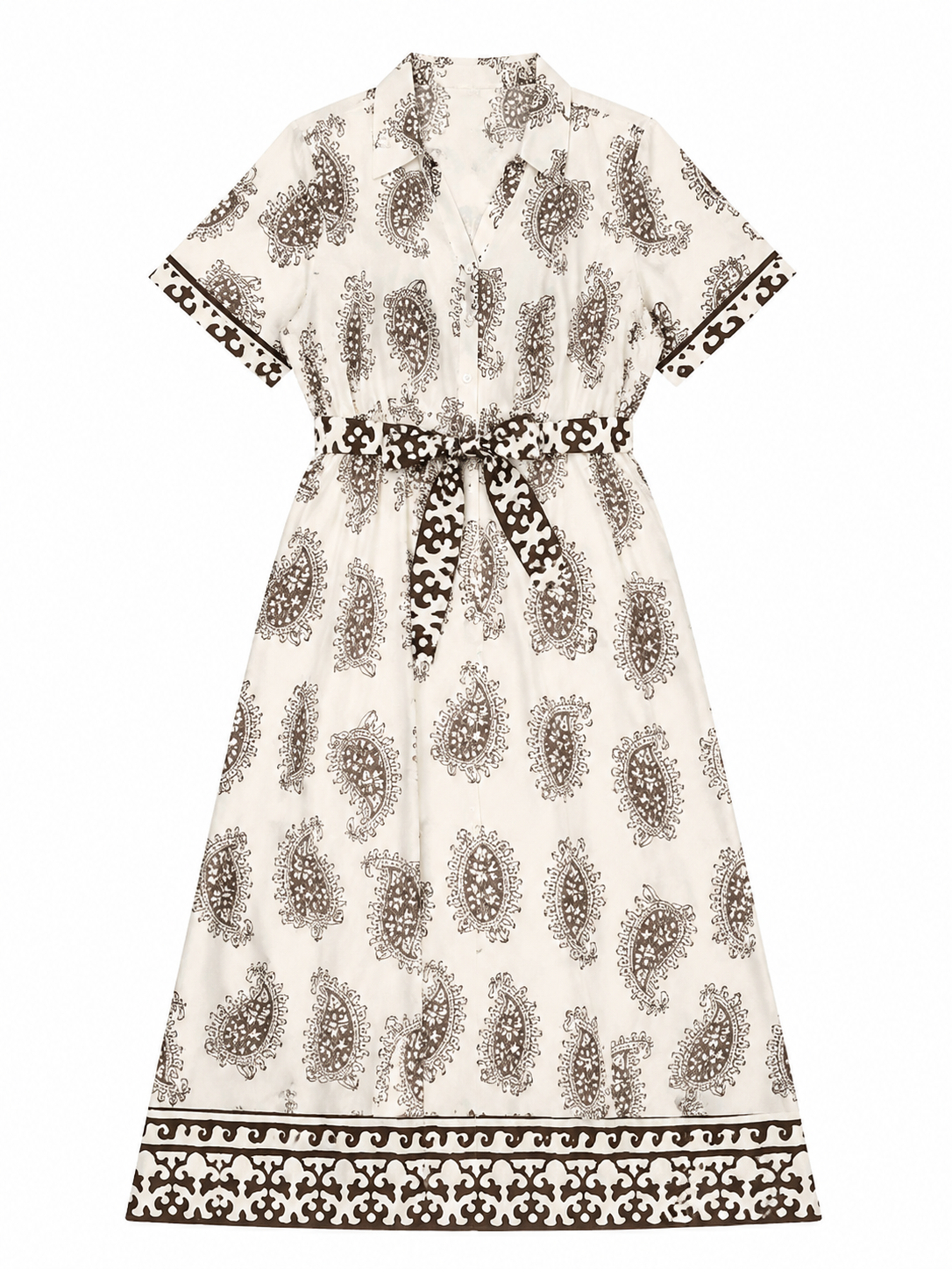 Women's Black and Ivory Boho Print Belted Dress D-42275