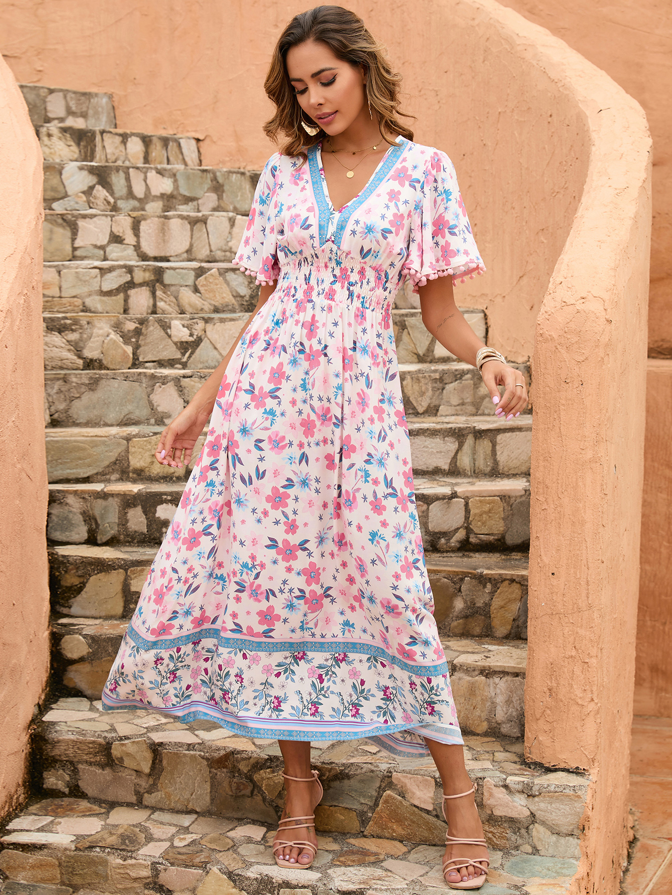 Women’s Boho Floral V-Neck Smocked Waist Midi Dress D-35651