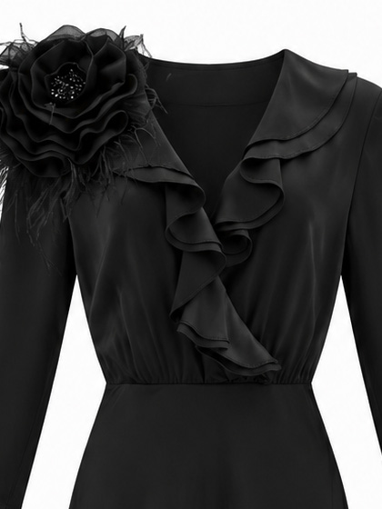 Women's Black Tie-Neck Flare-Sleeve Ruffle Maxi Dress W-34123
