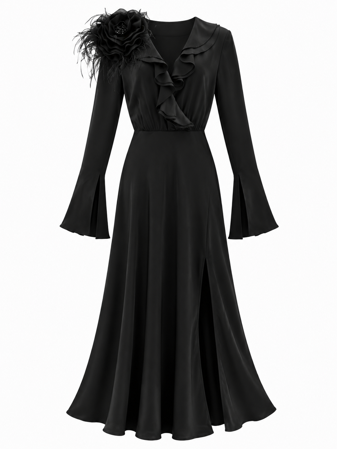 Women's Black Tie-Neck Flare-Sleeve Ruffle Maxi Dress W-34123