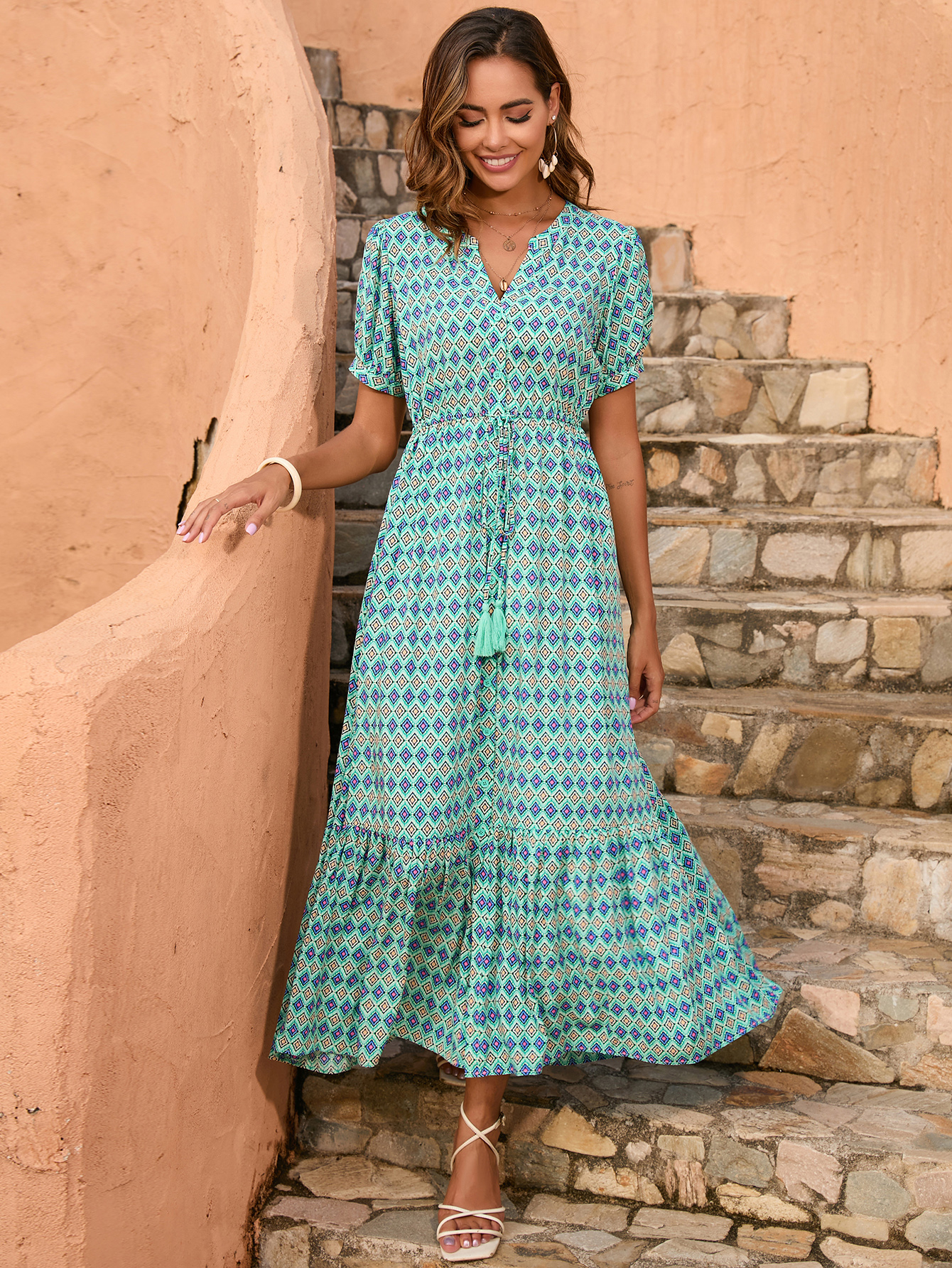 Women’s Boho Geometric V-Neck Tassel Tie Midi Dress D-35708