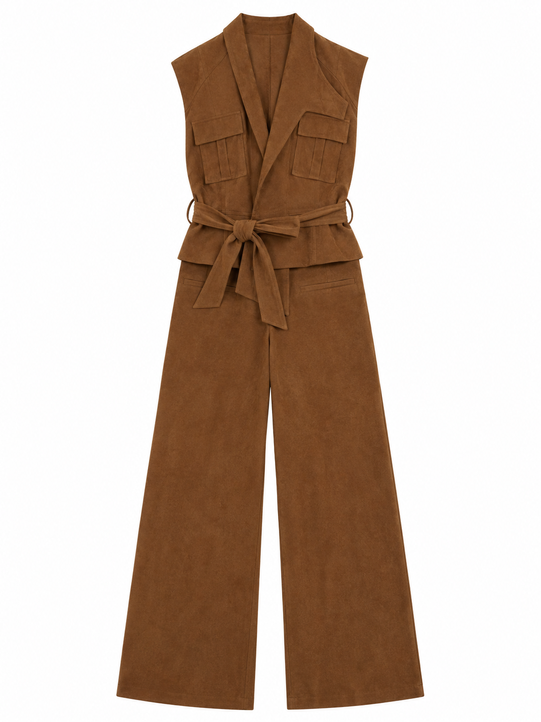 Women's Chocolate Brown Belted Sleeveless Wide-Leg Jumpsuit W-41353+W-41505