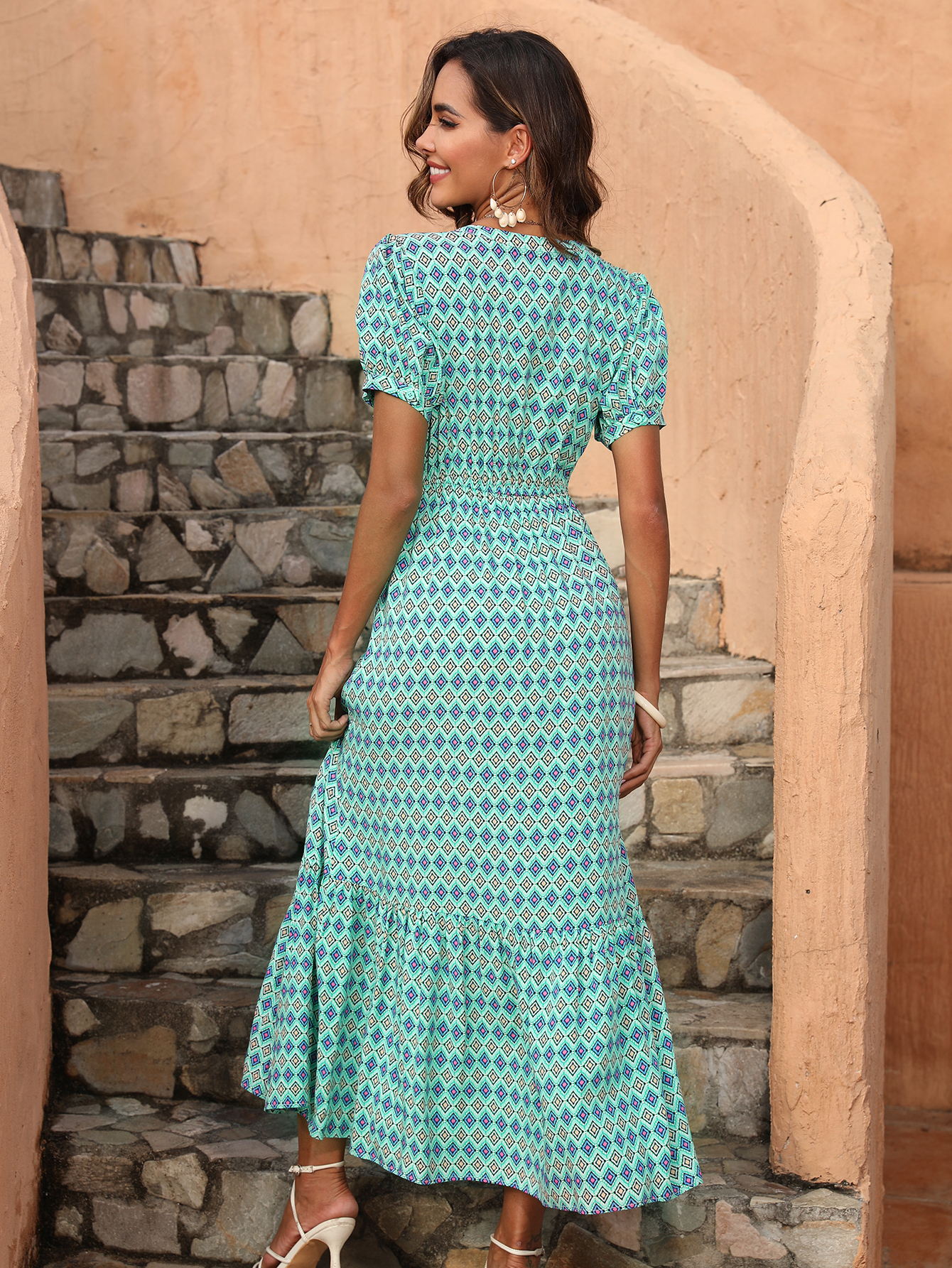 Women’s Boho Geometric V-Neck Tassel Tie Midi Dress D-35708