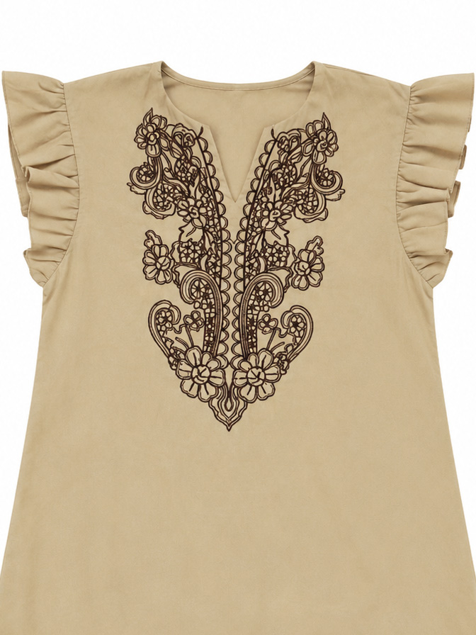 Women's Camel Folk Embroidered Ruffle-Sleeve Mini Dress XW-42338