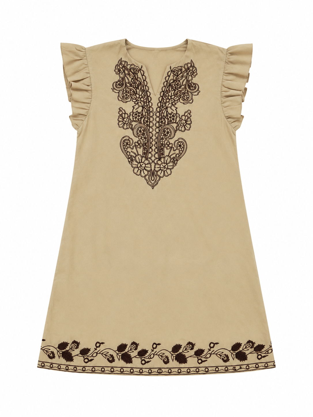 Women's Camel Folk Embroidered Ruffle-Sleeve Mini Dress XW-42338