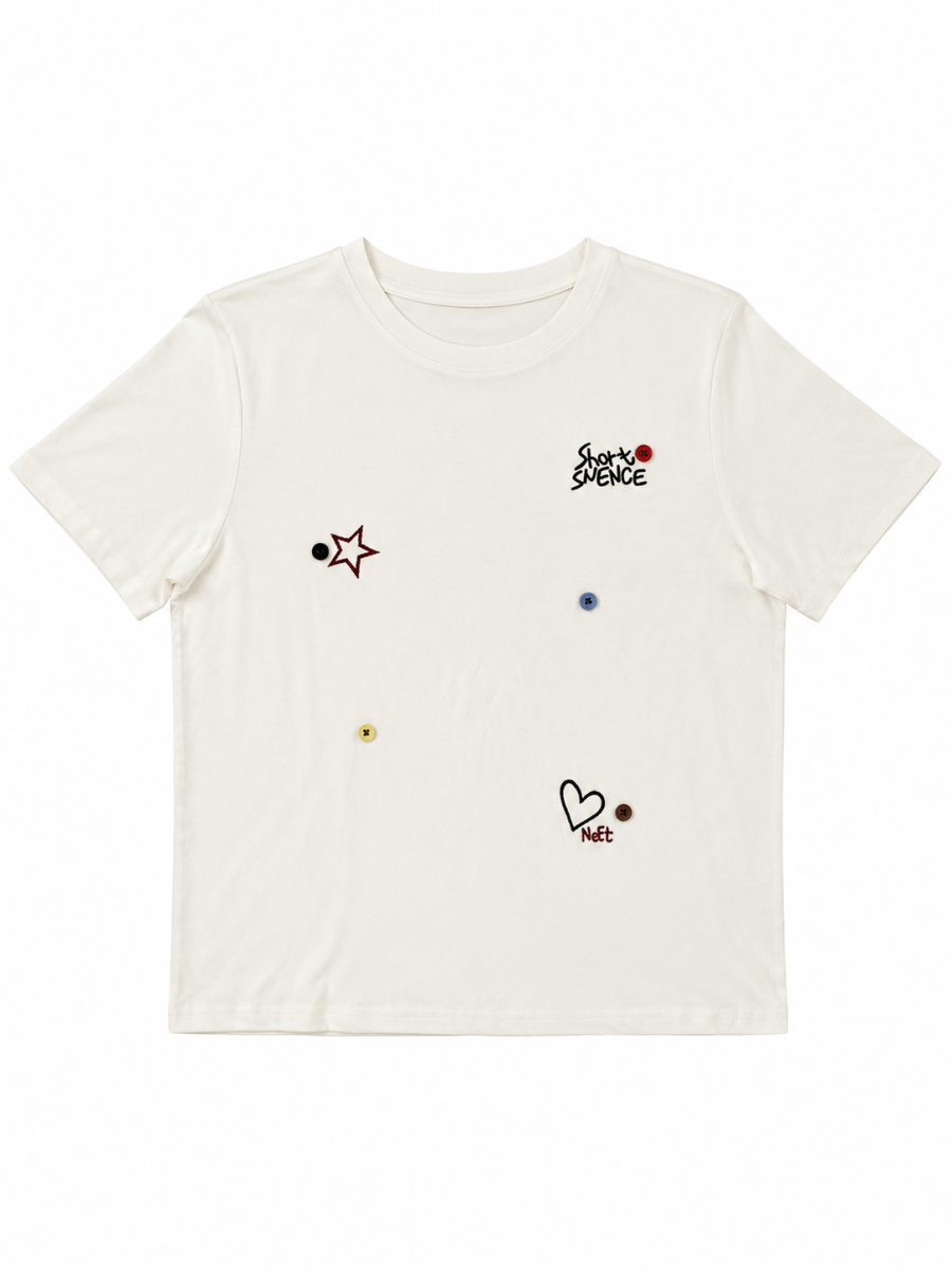 Women's White Tiny Doodle Graphic T-Shirt 9099