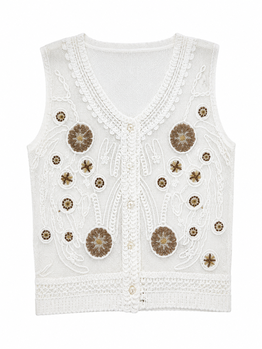 Women's White Brown Floral Embroidered V-Neck Crochet Vest A286