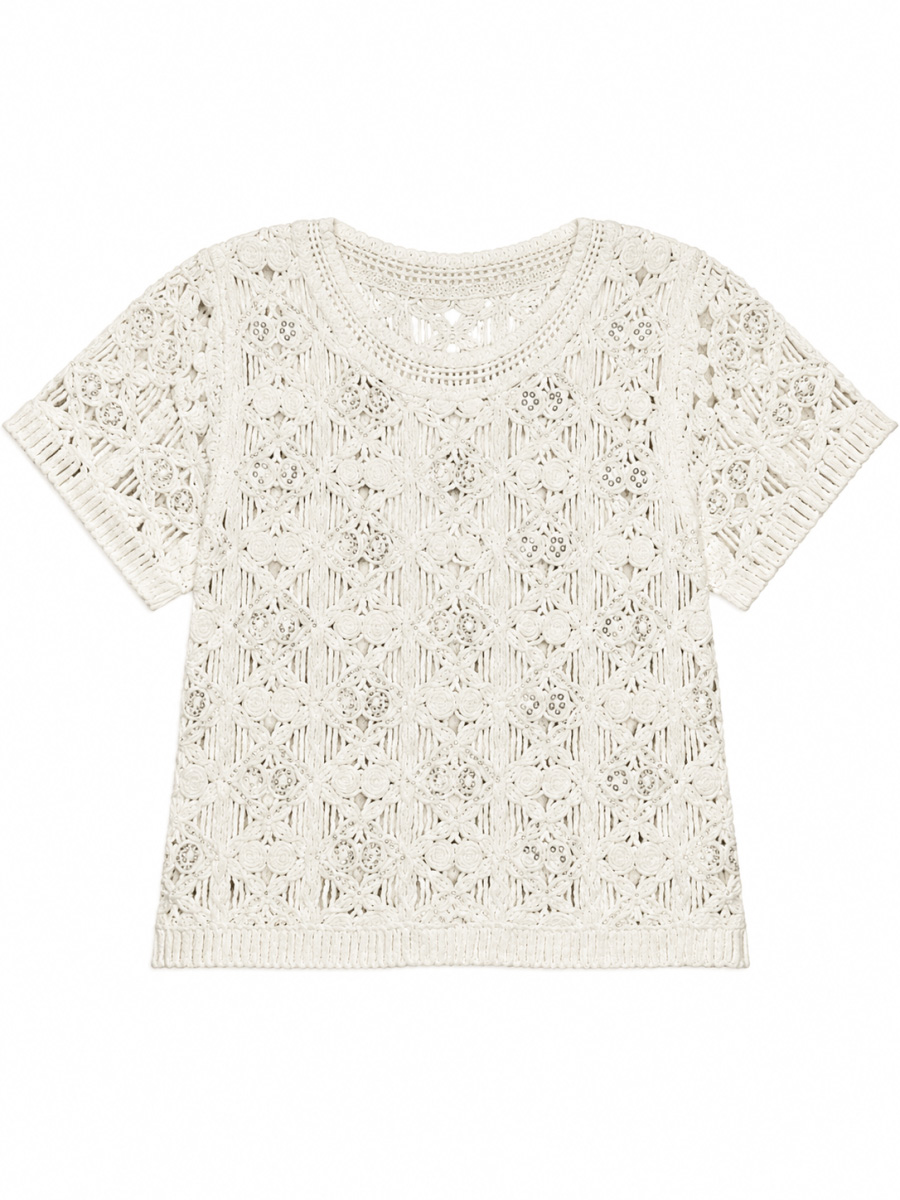 Women's Geometric Openwork Short-Sleeve Crochet Top C17
