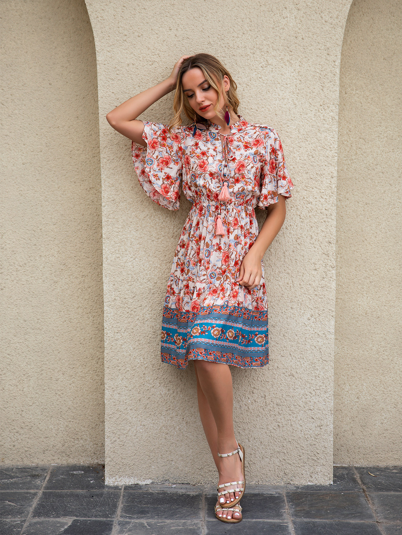 Women’s Boho Floral Tassel Tie Flare Sleeve Mini Dress FCT-Y32066
