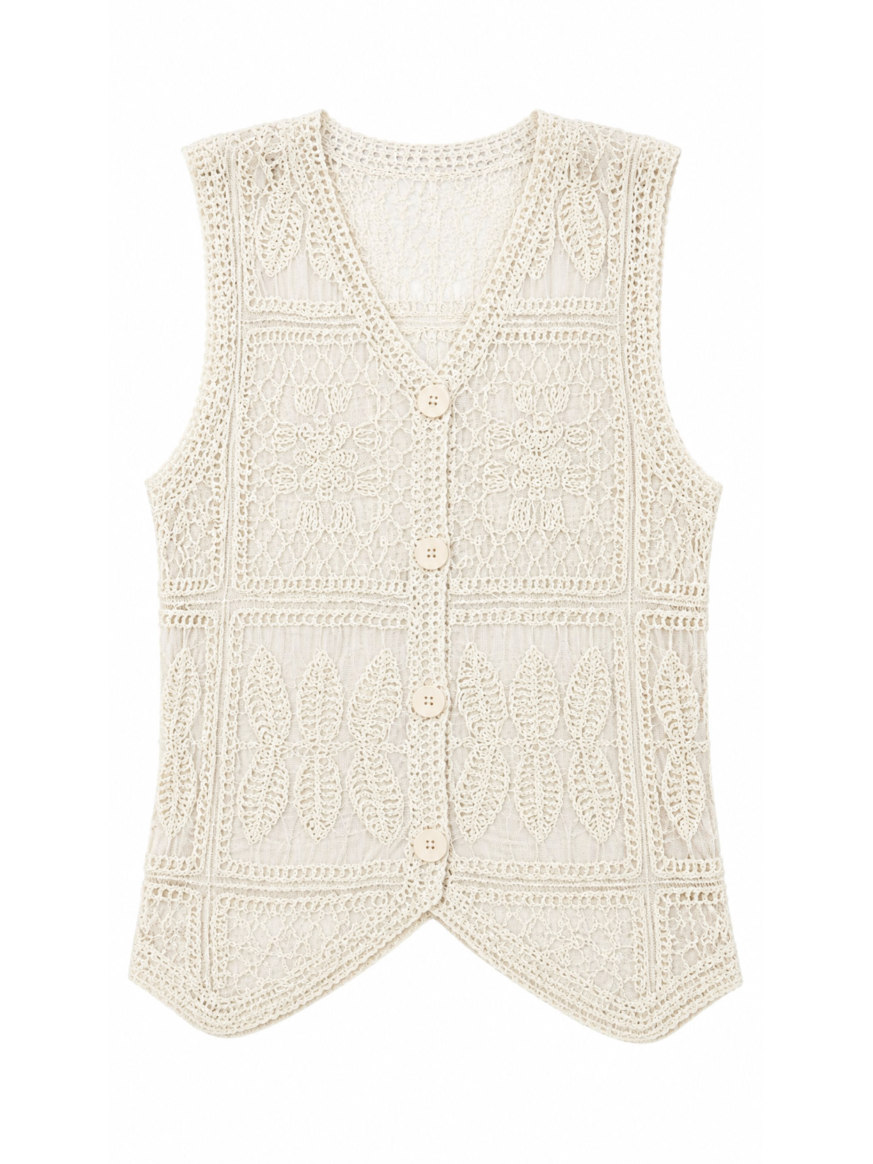 Women's White V-Neck Button-Front Crochet Vest A29