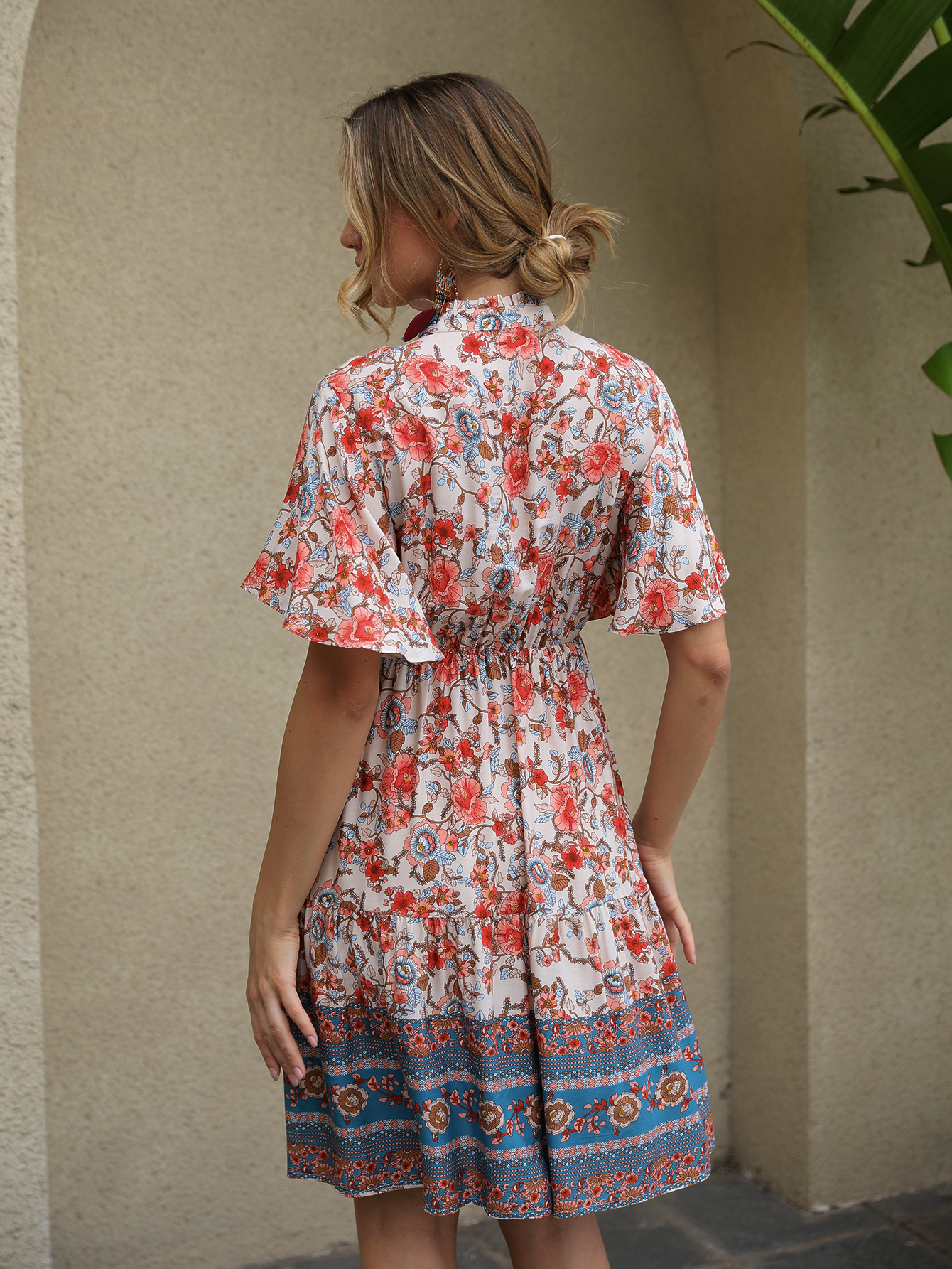 Women’s Boho Floral Tassel Tie Flare Sleeve Mini Dress FCT-Y32066