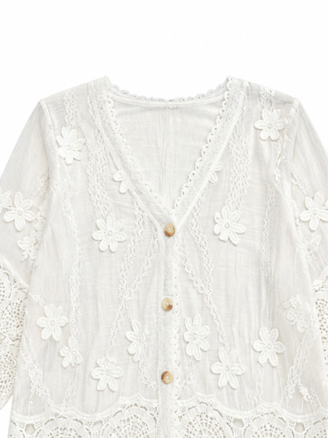 Women's V-Neck Floral Lace Button-Front Cardigan V38