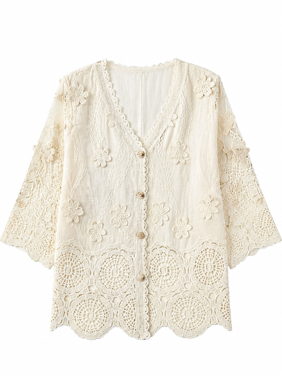 Women's V-Neck Floral Lace Button-Front Cardigan V38