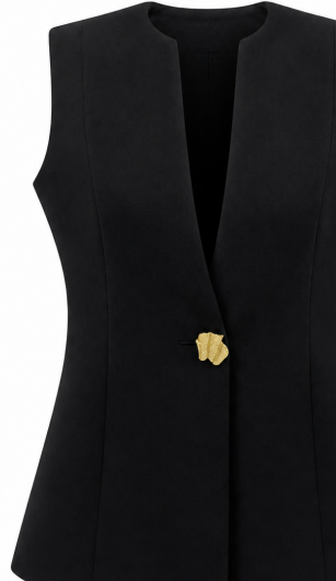 Black Deep‑V Sleeveless Tailored Blazer Vest With Decorative Gold Button C-43121