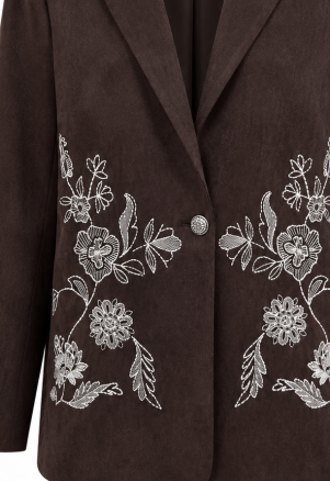 Dark Brown Floral‑Embroidered Single‑Button Casual Blazer Jacket C-43249