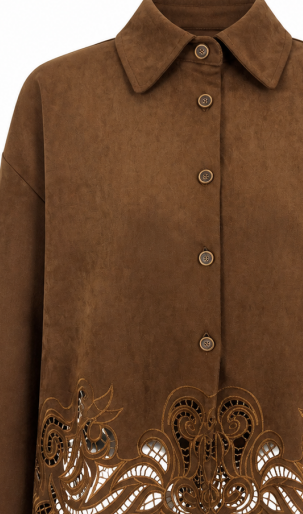 Boho‑Style Long‑Sleeve Button‑Down Cutwork Hem Casual Shirt C-43257