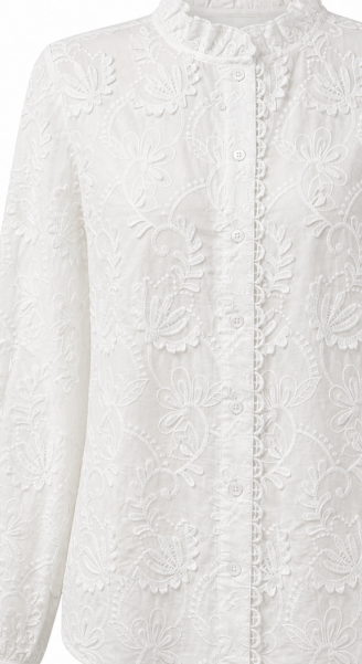 White Floral‑Embroidered Long‑Sleeve Blouse With Ruffled High Neck C-43258