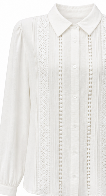 White Collared Long‑Sleeve Blouse With Vertical Lace‑Trim Panels C-43309