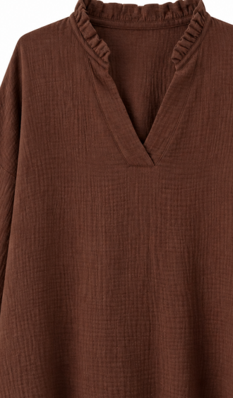 Brown Crinkle‑Textured V‑Neck Blouse With Ruffled Notch Collar & Roll‑Up Sleeves C-43565