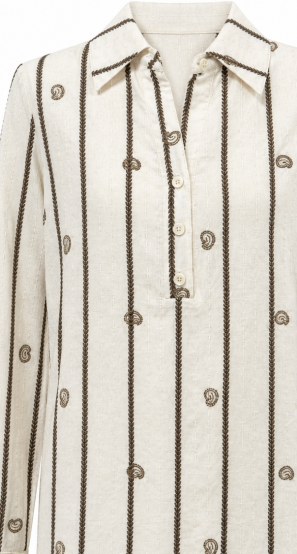 Off‑White Vertical‑Stripe Paisley‑Embroidered Henley Collar Long‑Sleeve Blouse D-42992