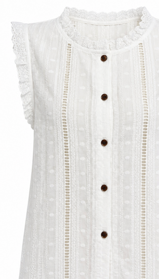 White Cut‑Work Embroidered Sleeveless Blouse With Ruffled Neck & Lace Trim D-43034
