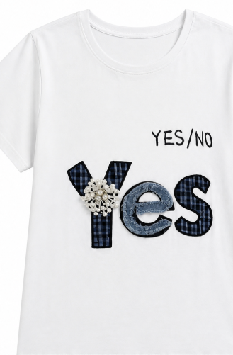 White Crew‑Neck Cotton T‑Shirt, Plaid Letter Applique With Beaded Flower Embellishment M-42129-24