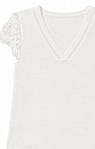 White V‑Neck Knit Top With Hollow‑Out Trim & Crochet Lace Cap Sleeves M-42248