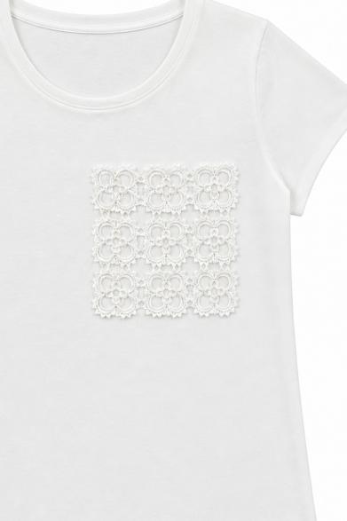 White Round‑Neck Short‑Sleeve T‑Shirt With Square Crochet‑Lace Chest Patch M-42645