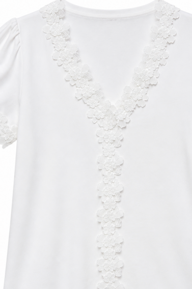 White V‑Neck Puff‑Sleeve Top With Floral Lace Trim Along Neckline & Cuffs M-42670