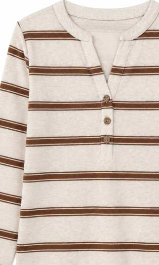 Beige‑Brown Striped Henley Long‑Sleeve Top With Side Tie Knot Hem M-43103