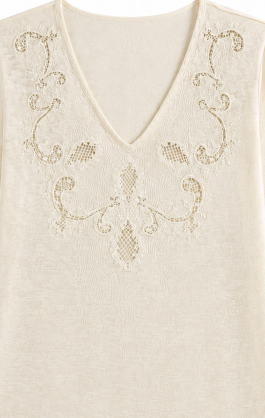Cream V‑Neck Long‑Sleeve Top, Vintage Floral Cut‑Out Embroidery With Fringe Cuffs W-43019