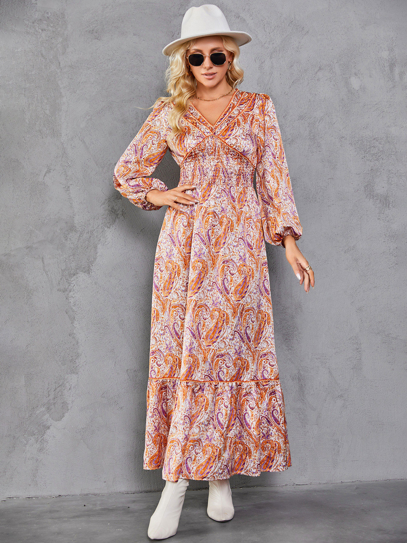 Women’s Boho Paisley V Neck Smocked Tiered Maxi Dress M-33237