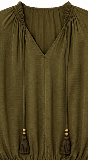 Olive Green V‑Neck Boho Blouse, Long‑Sleeve Peasant Top With Beaded Tassel Tie Neck W-43126