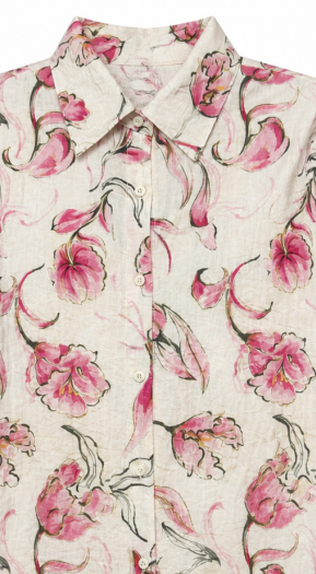Vintage‑Inspired Pink Flower Print Textured‑Fabric Loose Button‑Up Shirt W-43128