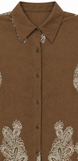 Boho‑Chic Paisley‑Embroidered Textured‑Fabric Loose Button‑Front Shirt W-43352