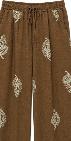 Brown Boho Floral‑Embroidered Wide‑Leg Pants, Elastic Drawstring High‑Waist Trousers With Pockets W-43353