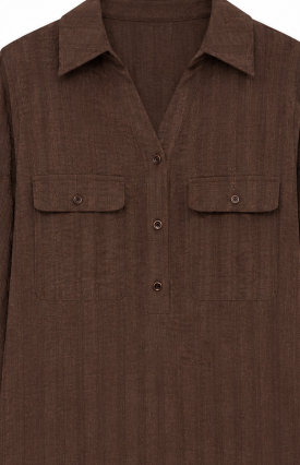 Dark‑Brown Textured Stripe Half‑Button Collared Long‑Sleeve Blouse With Chest Pockets W-43402