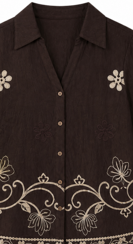 Dark‑Brown Bohemian Floral‑Embroidered Long‑Sleeve Blouse, Collared V‑Neck Loose‑Fit Shirt W-43455