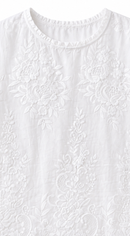 Ruffle Neck Floral‑Embroidered Tunic Blouse, Scalloped Lace Hem Casual Shirt W-43494