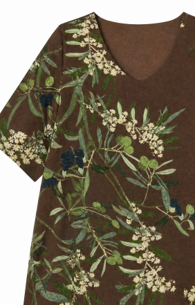 Relaxed‑Fit V‑Neck Batwing‑Sleeve Botanical Print Irregular Hem Summer Tunic W-43514