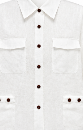 Vintage‑Style White Linen Safari‑Inspired Button‑Front Long‑Sleeve Overshirt W-43602